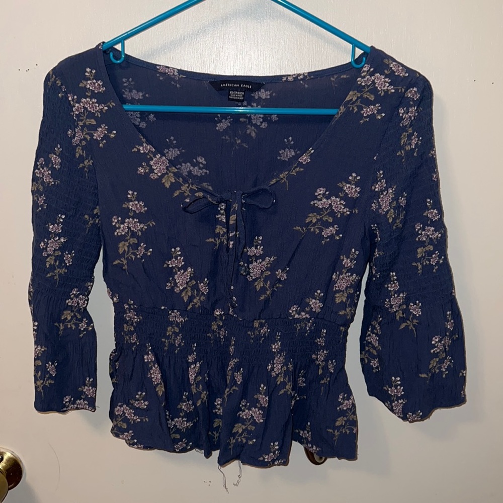 Blue floral cropped blouse